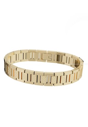 Goldfarbenes Gliederarmband mit abwechselnd glatten und strukturierten rechteckigen Segmenten, die eine geschlossene kreisförmige Form bilden.