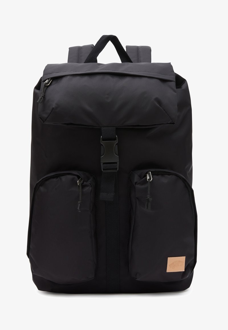 Black nylon backpack featuring a roll-top closure, two front zippered pockets, and a tan logo patch. Adjustable padded shoulder straps.