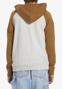 Sudadera con capucha que presenta un cuerpo gris claro con mangas y capucha marrones, hecha de un material suave con puños y dobladillo acanalados.