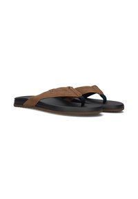Brown leather flip-flops with textured straps, rubber soles, and a distinct black footbed. Features a logo detail on the strap.