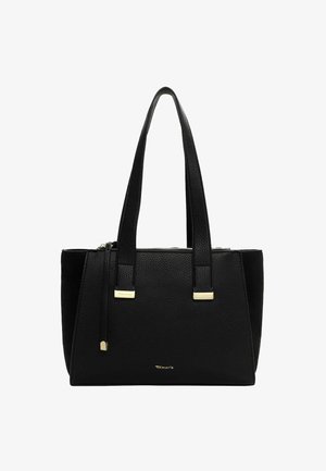 Sort læder tote bag med tekstureret overflade, to top-håndtag, hardware i gulltone og lynlås lukning. Enkel, struktureret design.