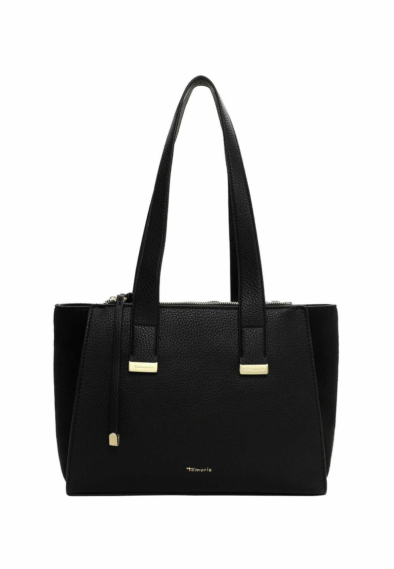 Borsa a tote in pelle nera con corpo testurizzato, doppi manici superiori, accenti in hardware dorato e chiusura con zip. Design semplice e strutturato.