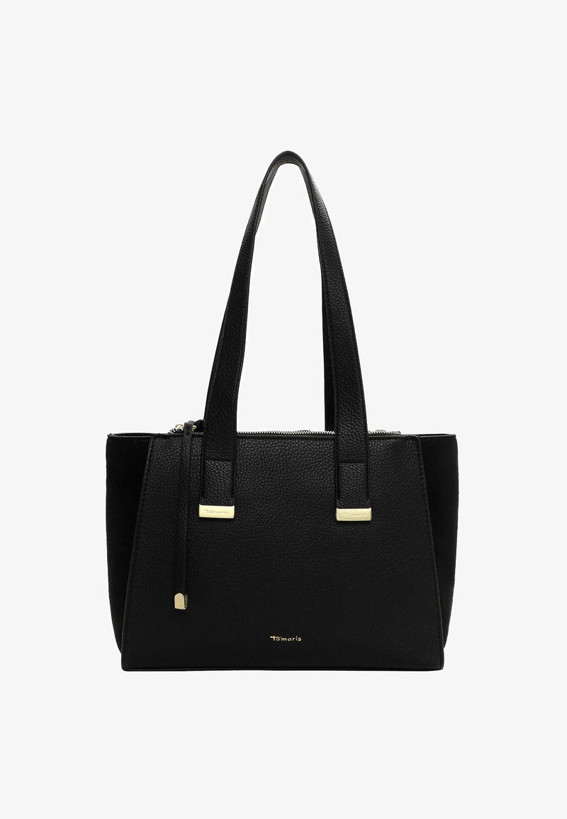 Sac fourre-tout en cuir noir avec un corps texturé, deux poignées supérieures, des accents en métal doré et une fermeture zippée. Design simple et structuré.