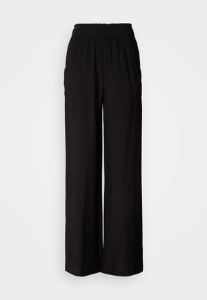 Μαύρο παντελόνι φαρδύ στο κάτω μέρος με ελαστική ζώνη μέσης, δύο πλαϊνές τσέπες και ελαφρύ ύφασμα, με λεία υφή και άνετη εφαρμογή.