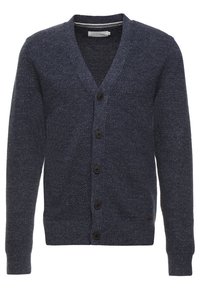Navy blue cardigan made of textured knit fabric, featuring a V-neck, five buttons down the front, and ribbed cuffs and hem.