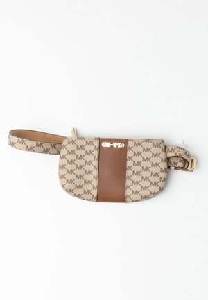 Beige and brown Michael Kors belt bag with MK monogram pattern, central brown leather stripe, gold logo plate, and adjustable strap with gold buckle.