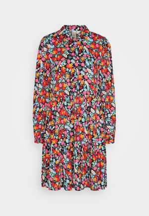 Floral dress featuring a black base with multicolored flowers in red, pink, blue, and green; long sleeves, collar, and tiered skirt design.