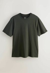 Tumši zaļš kokvilnas T-krekls ar klasisku apaļu kakla izgriezumu, īsām piedurknēm un brīvu piegriezumu. Satur minimālu zīmolu uz kakla izgriezuma.