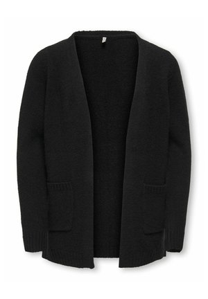 Black open-front cardigan with a textured knit design. Features two front pockets and ribbed detailing on sleeves and hem.