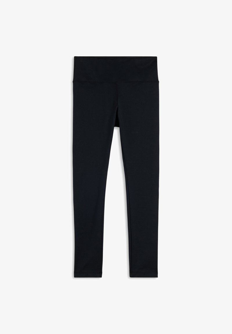 Leggings nere realizzate in tessuto elasticizzato, con vita alta e texture liscia, dal taglio aderente fino alle caviglie.