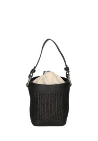 Borsa a secchiello nera intrecciata con una base e un manico in pelle resistente, caratterizzata da una chiusura a coulisse beige chiaro. Design compatto e strutturato.