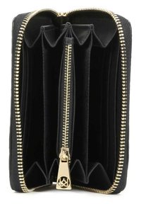 Must have musta ümber tõmmatav rahakott, millel on tekstuuriga välimus, mitmed kaardisahtlid, suur keskmine sektsioon ja kuldse tooni metallist detailid.