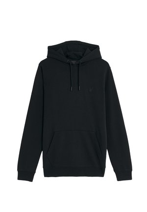 Black pullover hoodie with front kangaroo pocket, adjustable drawstring hood, and subtle embroidered logo on the chest.