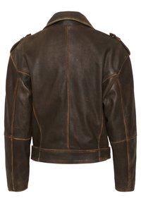 Mørkebrun læderjakke med vintagefinish, synlige syninger, skulderepåletter og kort talje, vist bagfra.