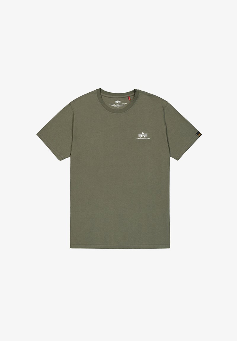 Olivegrünes T-Shirt aus Baumwolle mit Rundhalsausschnitt, kurzen Ärmeln und weißem Grafiklogo auf der linken Brust. Sanfte Textur.