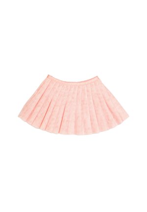 Pink pleated skirt with a subtle checkered pattern, featuring a fitted waistband and a flared, evenly spaced pleat design.