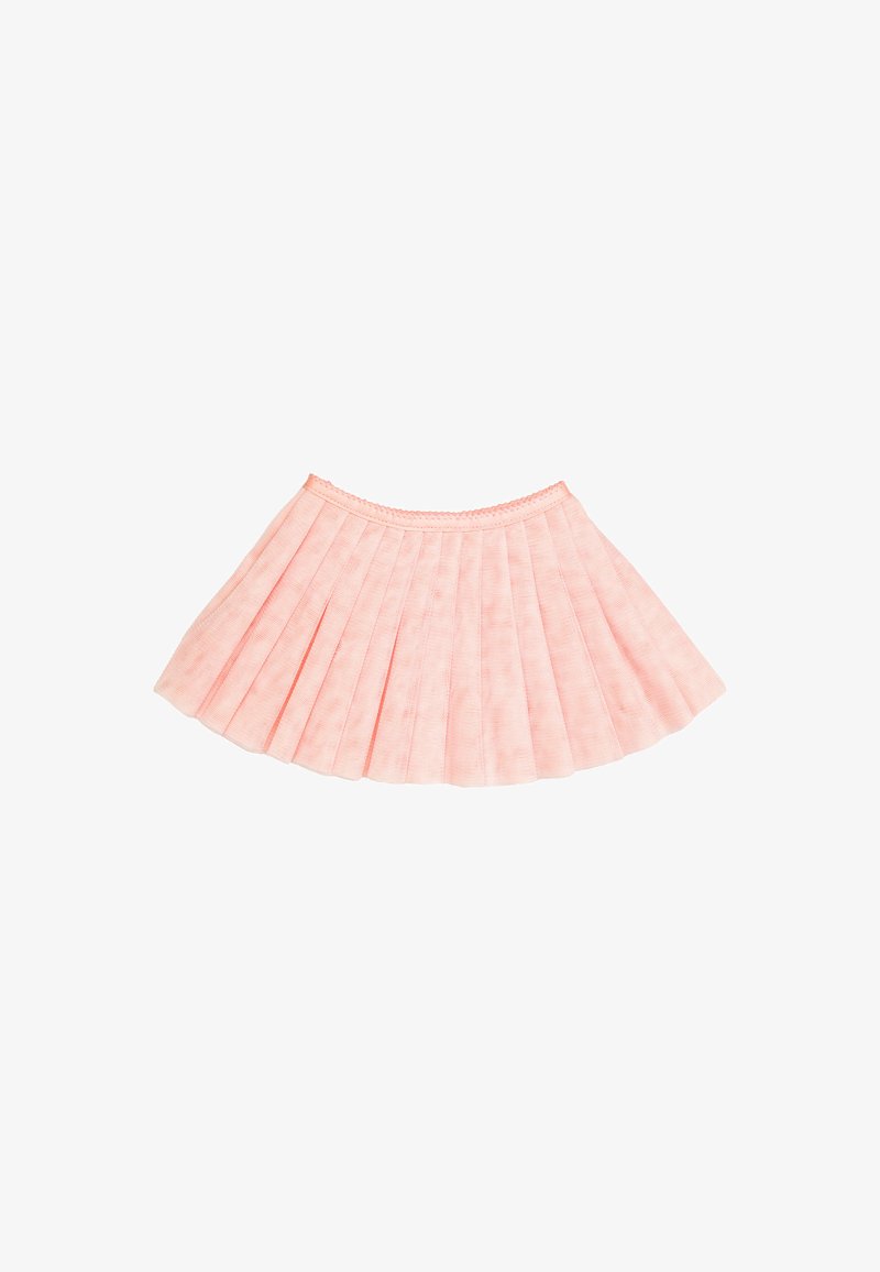 Jupe plissée rose avec un motif à carreaux subtil, présentant une ceinture ajustée et un design évasé avec des plis espacés uniformément.