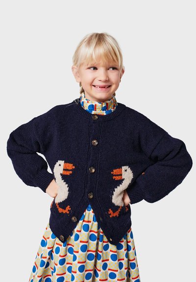 Marineblau gestrickte Strickjacke mit Holzknöpfen, auf der Vorderseite mit zwei gestickten Enten versehen. Kombiniert mit einem gemusterten, mehrfarbigen Kleid.