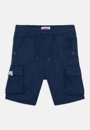 Shorts cargo bleu marine avec une taille élastique, un cordon de serrage, deux poches latérales et deux poches cargo sur les côtés. Fabriqués en tissu léger.
