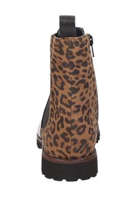 Leopard print ankle boot with black accents, textured suede material, side zip closure, chunky sole, and reinforced heel for durability.
