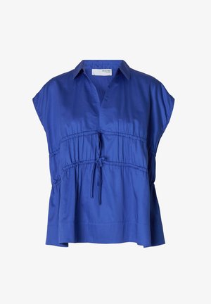 Sinine lühikeste varrukatega pluus V-kaelusega, kokku kogutud talje ja stringide detailidega. Sile kangas, normaalne lõige ja lühike allserv.