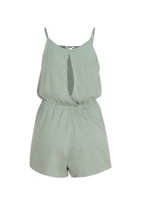 Jumpsuit verde claro con tirantes finos, que presenta un corte en forma de llave en la parte delantera y una cintura elástica para mayor comodidad. Tejido suave y liviano.
