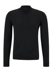 Schwarzer Pullover mit langen Ärmeln, hohem Kragen, gerippten Bündchen und Saum. Hergestellt aus glattem, elastischem Stoff mit minimalem Markenlogo.