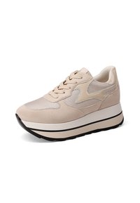 Sneaker platform beige da donna con pannelli in suede e rete, chiusura con lacci e suola spessa con battistrada nero, presentata su sfondo bianco.