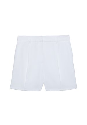 Pantaloncini bianchi su misura con passanti per cintura e pieghe frontali, mostrano la vista superiore frontale su uno sfondo bianco semplice.