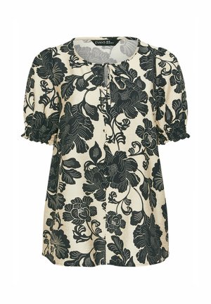Kremfarvet kortærmet bluse med sort blomstermønster, rund halsudskæring med bindebånd og elastiske ærmekanter med rynker.