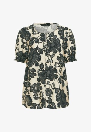 Blouse crème à manches courtes avec motif floral noir, encolure ronde avec lien et poignets élastiqués froncés.