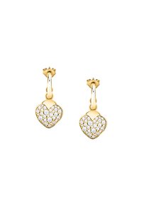Orecchini a forma di cuore in oro con un design a perno, caratterizzati da una superficie decorata con strass trasparenti per aggiungere un tocco di lucentezza.