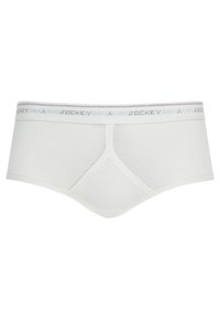 Slip bianco in cotone con texture a coste, caratterizzato da un elastico grigio in vita con il nome del marchio "Jockey" stampato attorno.