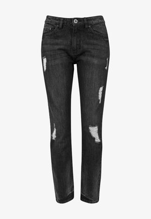 Mustriga teksapüksid sirge lõikega, millel on kulunud lõhed ja veidi pleekinud viimistlus. Tavaline viie taskuga disain koos nupuga kinnitamiseks.