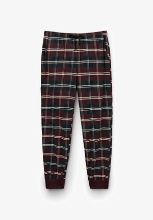 Pizamy w kratę w kolorach burgundowym, zielonym i kremowym. Posiadają elastyczny pas z troczkiem oraz zwężane mankiety przy kostkach.