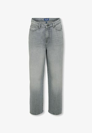 Vaaleanharmaat rentomalliset farkut, joissa on viisi taskua, vetoketjulla varustettu etuosa ja kontrastisaumat. Suorat lahkeet ja hieman kulunut viimeistely.