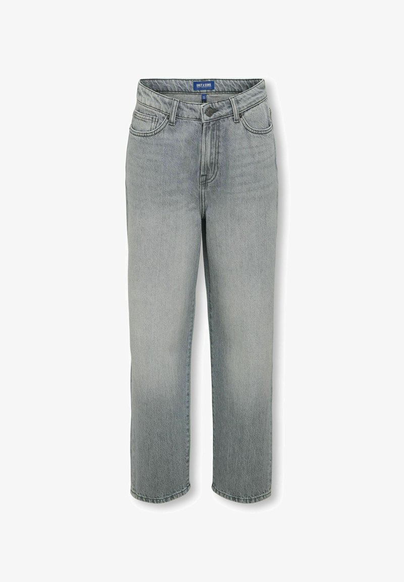 Vaaleanharmaat rentomalliset farkut, joissa on viisi taskua, vetoketjulla varustettu etuosa ja kontrastisaumat. Suorat lahkeet ja hieman kulunut viimeistely.