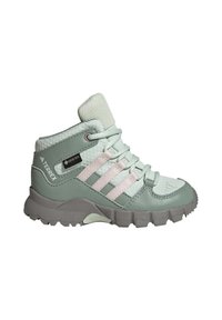 Keskelt kõrgem matkasaapad helesinises rohelises, mis sisaldavad võrkkangast ja tekstuuriga nahka. Omab roosaid riba ja robustset halli tallat. Näha on GORE-TEX kaubamärki.