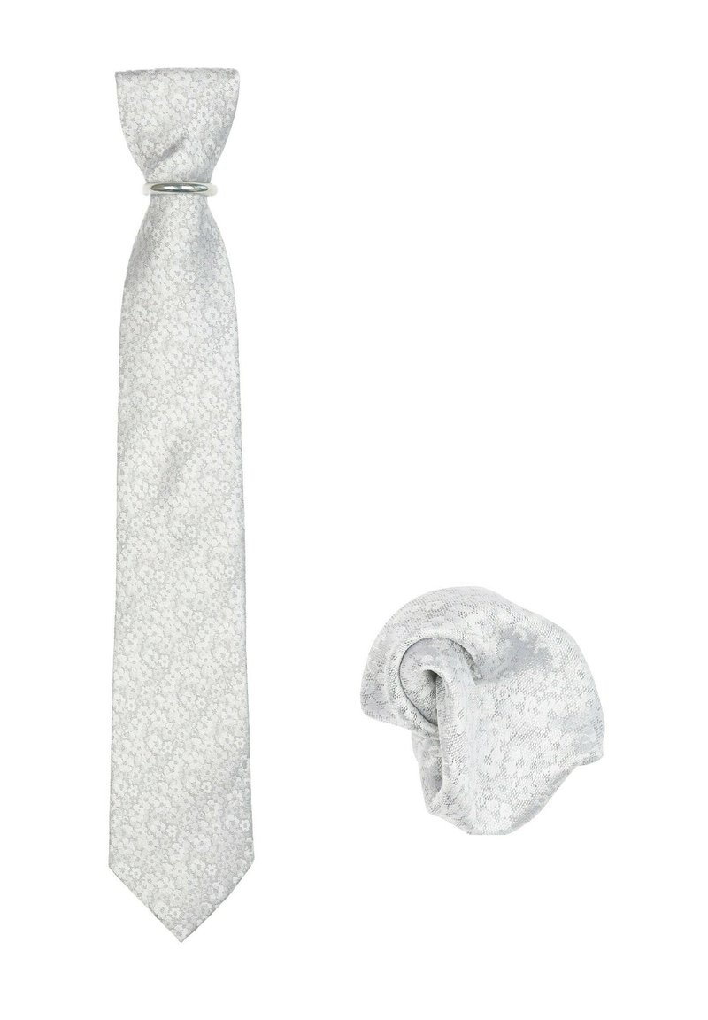 Cravate grise à motifs floraux et pochette assortie. Les deux présentent une texture lisse et un léger éclat subtil.