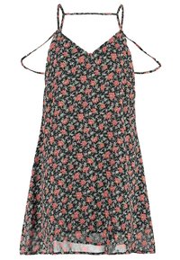 Robe noire à fleurs avec de fines bretelles spaghetti, ornée de fleurs roses et de touches de vert. Tissu léger, forme évasée et décolleté en V.