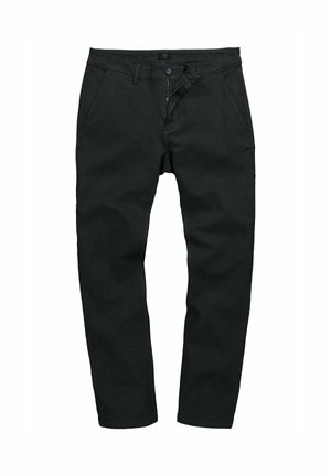 Schwarze gerade geschnittene Hose mit Fronttaschen, Gürtelschlaufen sowie einem teilweise geöffneten Reißverschluss und Knopfverschluss.