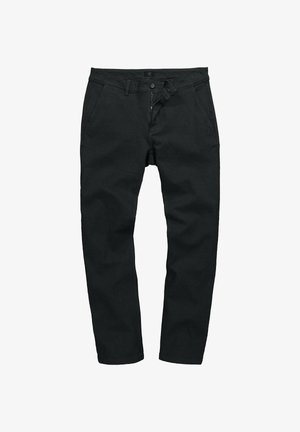 Zwarte rechte broek met steekzakken aan de voorkant, lussen voor een riem en een gedeeltelijk open ritssluiting met knoop.