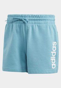 Světlé modré sportovní šortky vyrobené z měkké látky, s elastickým pasem a šňůrkou na stažení a bílým logem "adidas" na boku.