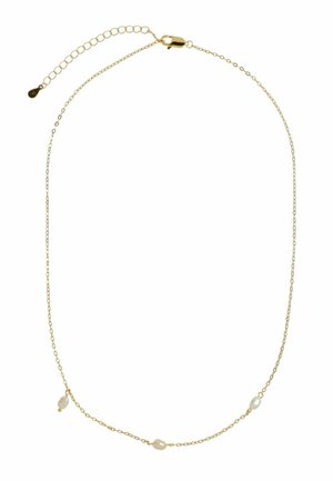 Guldtonet kædehalskæde med tre uregelmæssige hvide ædelsten, justerbar længde med lobster-lås og lille forlængerkæde.