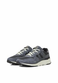 Grå atletiske sko med ruskinds- og meshmaterialer, udstyret med hvide snørebånd, grå detaljer og en tekstureret sål. Multitonet design for ekstra detaljer.