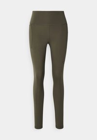 Mørk olivengrønne leggings laget av et elastisk, jevnt stoff. Har en høy midje og en sidelomme for enkelhet.