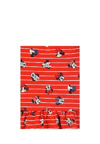 Roter Stoff mit horizontalen weißen Streifen. Wiederholte Designs von Cartoonfiguren mit Mickey und Minnie Maus. Rüsche am Saum.