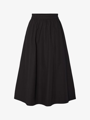Gonna midi a trapezio nera con vita elasticizzata e pieghe sottili, realizzata in tessuto leggero.