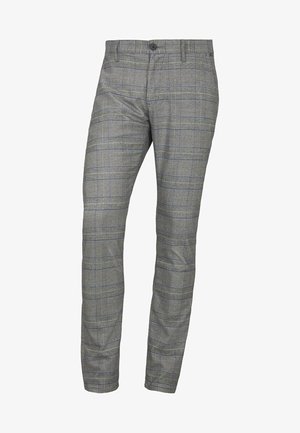 Szare spodnie w kratę z teksturowanej tkaniny, o dopasowanym kroju, subtelny wzór w kratę oraz zamek błyskawiczny z guzikiem.