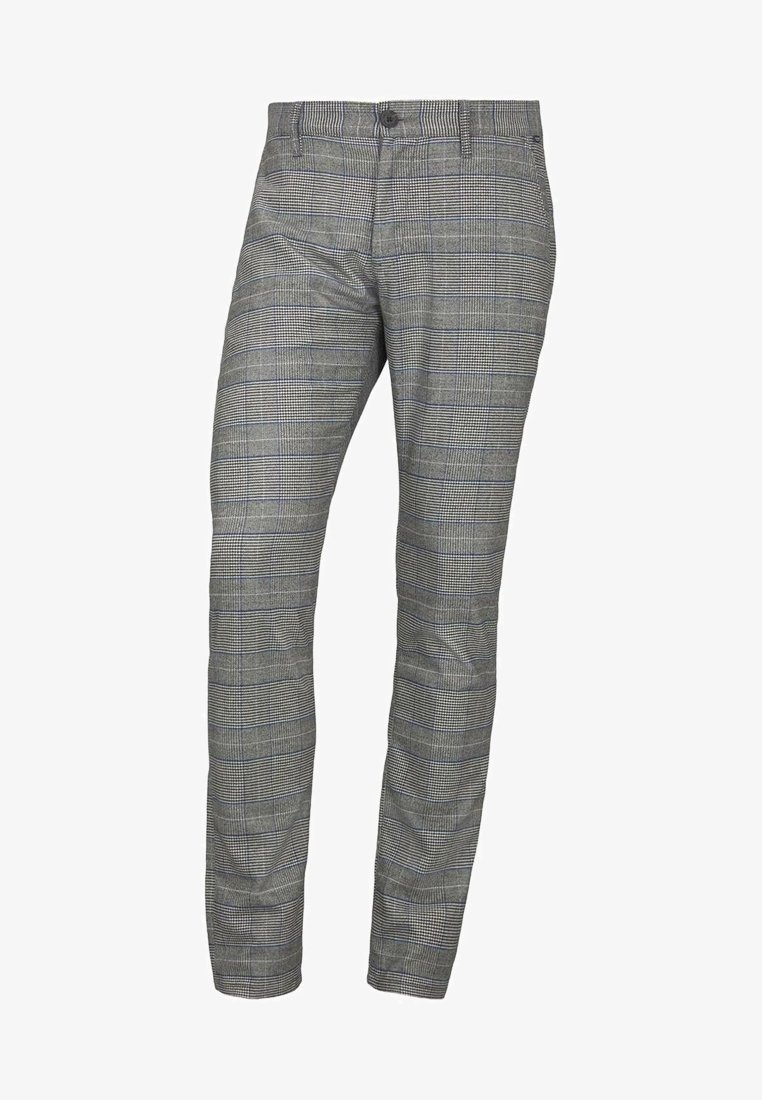 Grijs geruite broek gemaakt van textuurstof, met een slim fit, subtiel ruitpatroon en een ritssluiting met knoopsluiting.